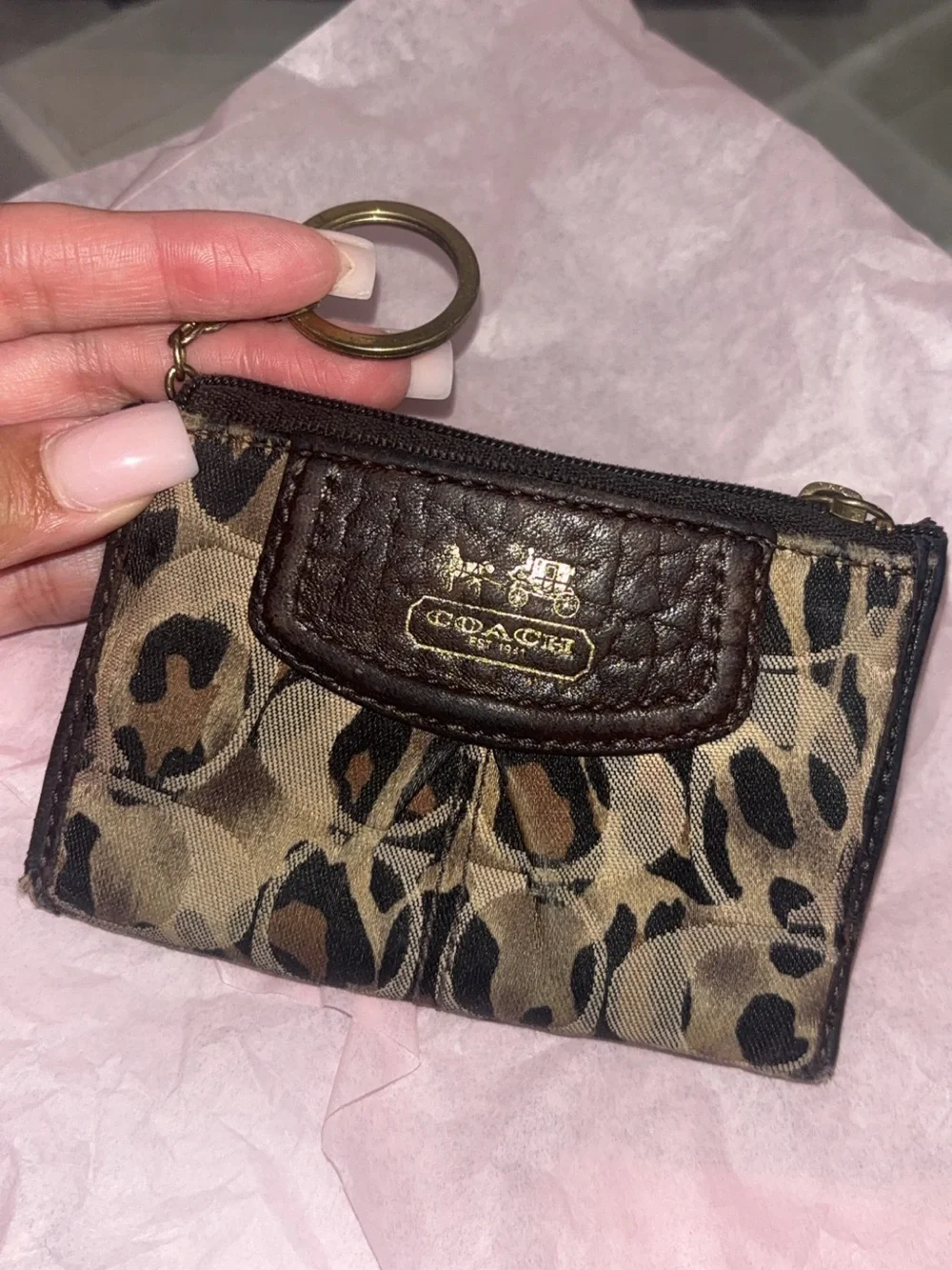 Coach Leopard Print Key & Card Holder in Brown and Black
